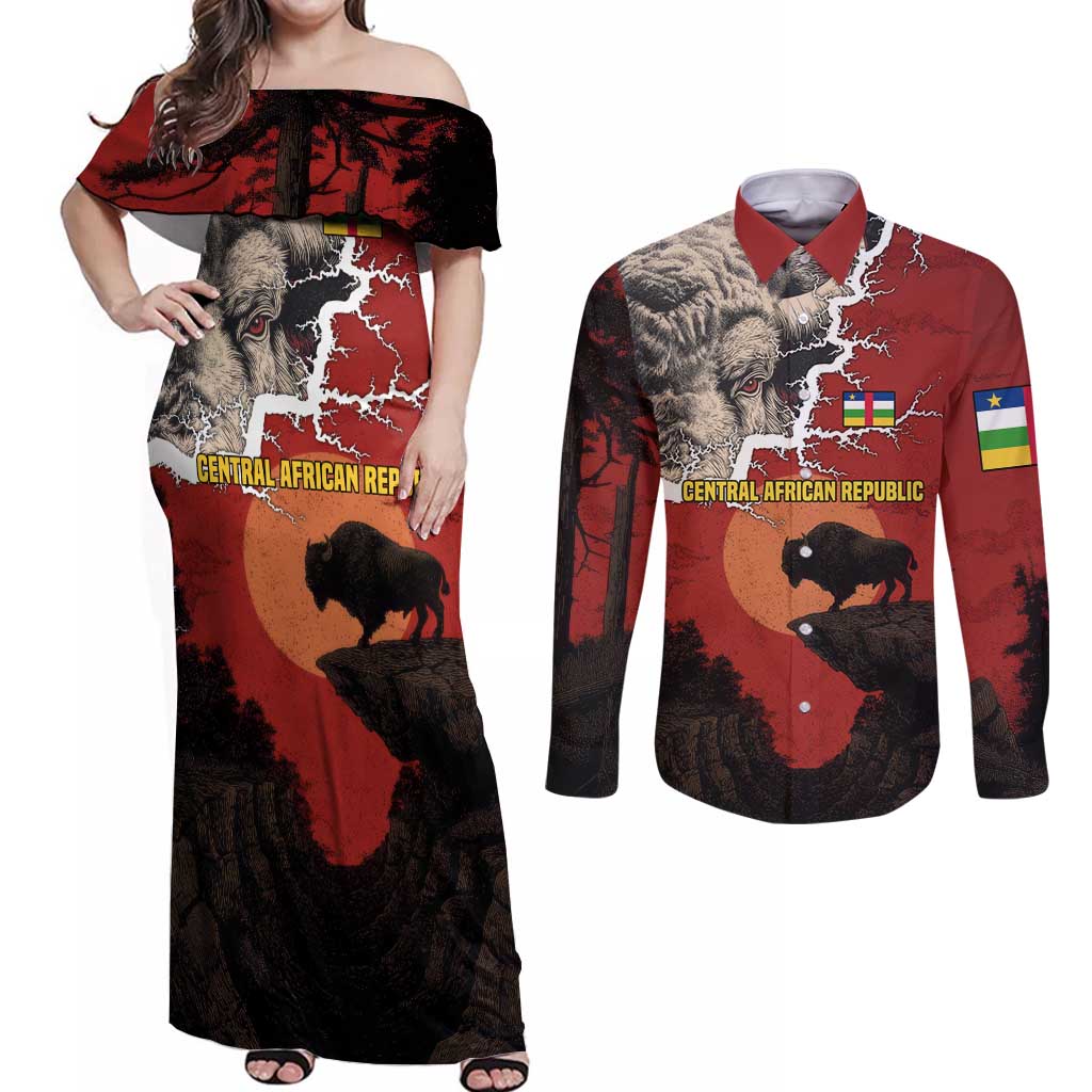 Central African Republic Couples Matching Off Shoulder Maxi Dress and Long Sleeve Button Shirt with Red Black Nature Design and Buffalo Pattern - Wonder Print Shop