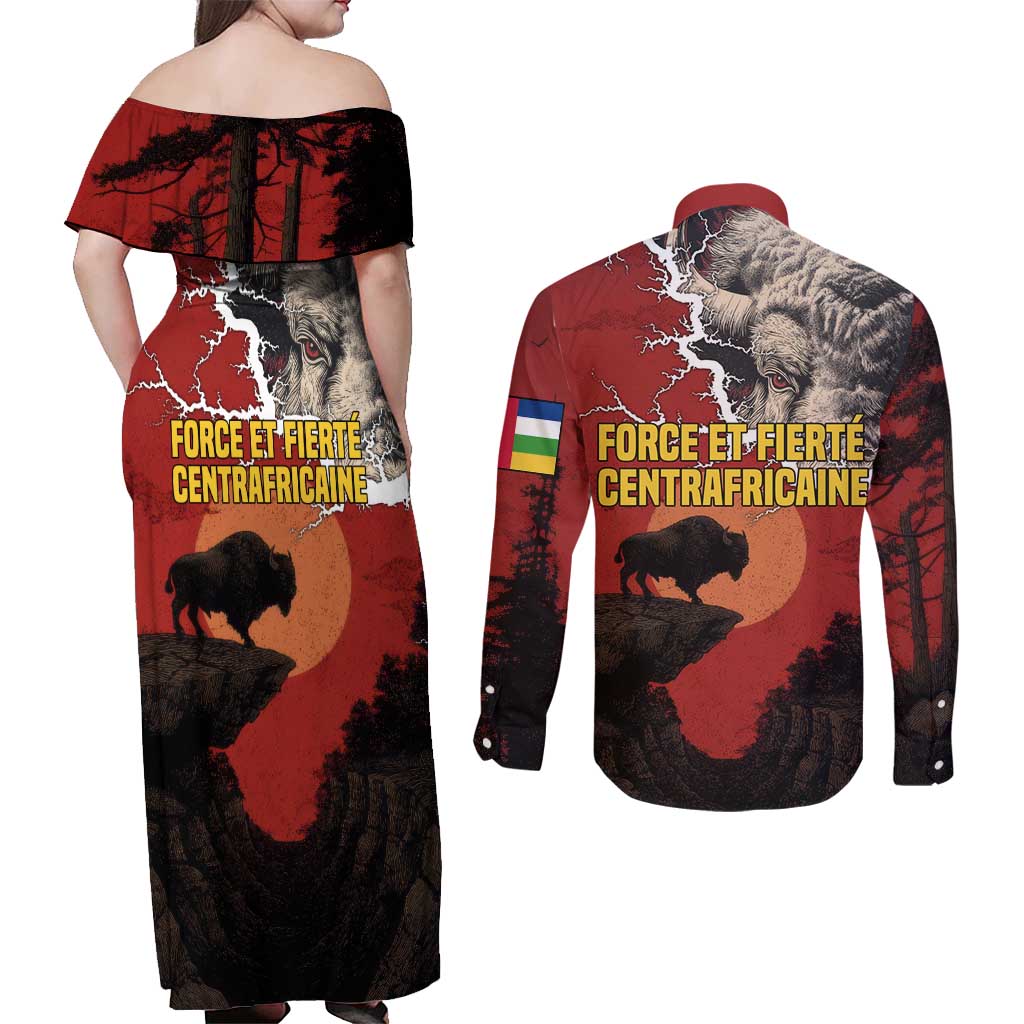 Central African Republic Couples Matching Off Shoulder Maxi Dress and Long Sleeve Button Shirt with Red Black Nature Design and Buffalo Pattern - Wonder Print Shop