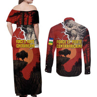 Central African Republic Couples Matching Off Shoulder Maxi Dress and Long Sleeve Button Shirt with Red Black Nature Design and Buffalo Pattern - Wonder Print Shop