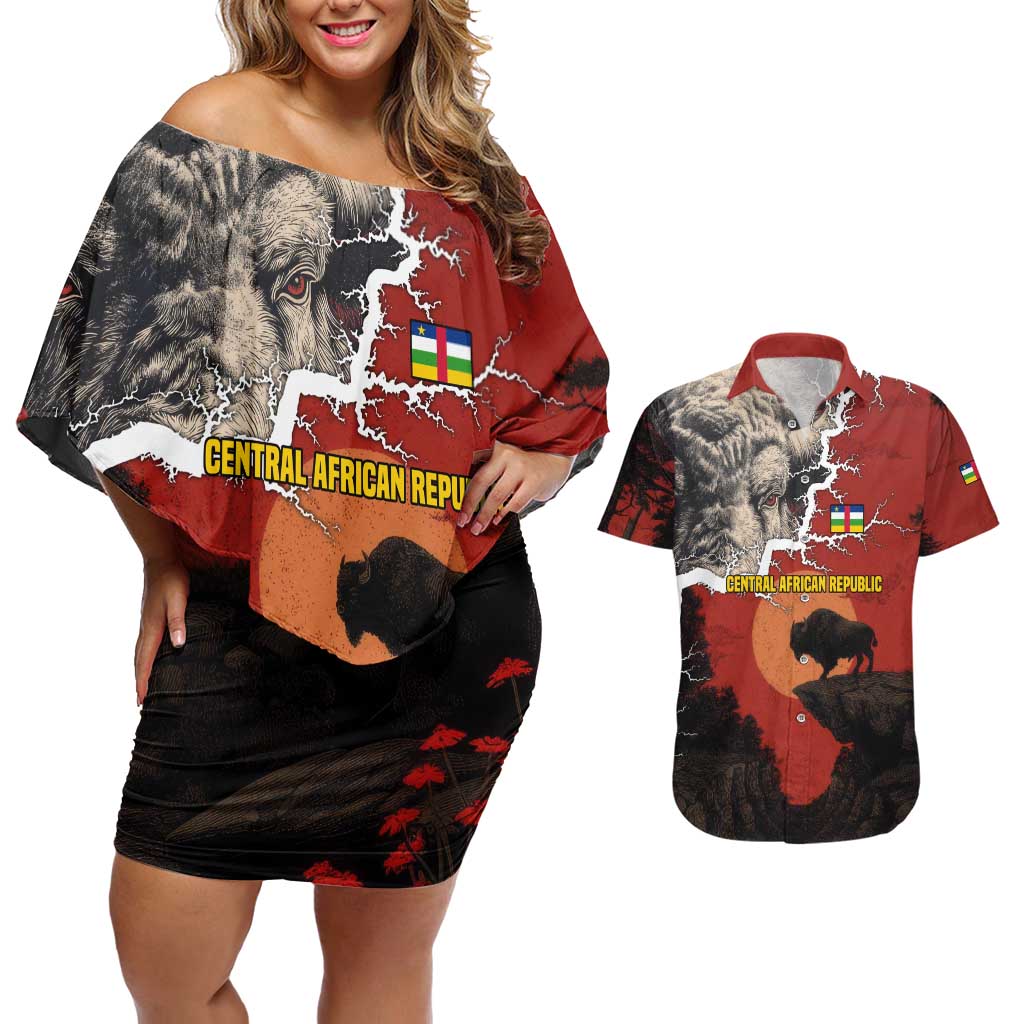 Central African Republic Couples Matching Off Shoulder Short Dress and Hawaiian Shirt with Red Black Nature Design and Buffalo Pattern - Wonder Print Shop