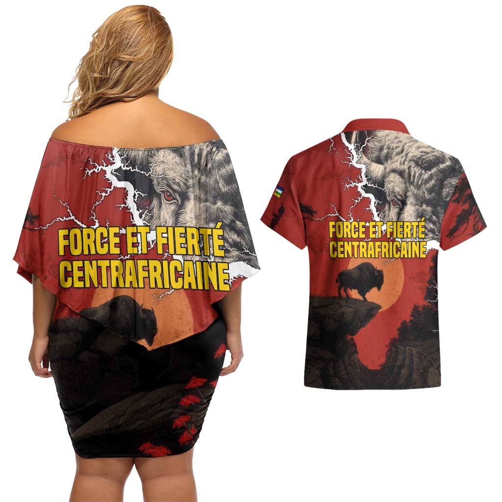 Central African Republic Couples Matching Off Shoulder Short Dress and Hawaiian Shirt with Red Black Nature Design and Buffalo Pattern - Wonder Print Shop