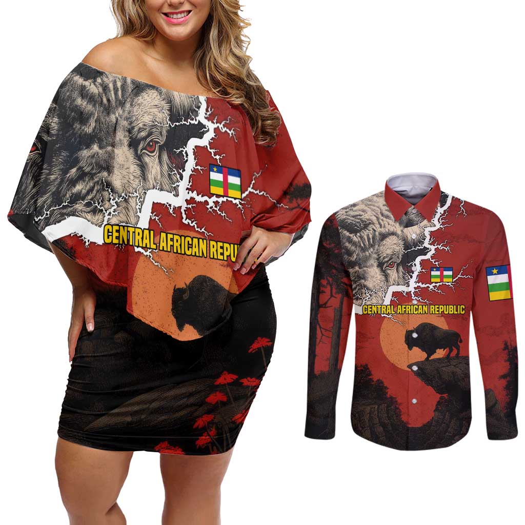 Central African Republic Couples Matching Off Shoulder Short Dress and Long Sleeve Button Shirt with Red Black Nature Design and Buffalo Pattern - Wonder Print Shop