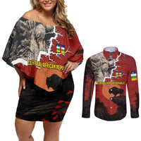 Central African Republic Couples Matching Off Shoulder Short Dress and Long Sleeve Button Shirt with Red Black Nature Design and Buffalo Pattern - Wonder Print Shop