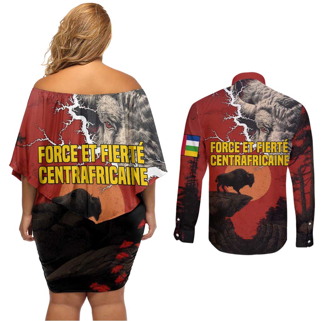 Central African Republic Couples Matching Off Shoulder Short Dress and Long Sleeve Button Shirt with Red Black Nature Design and Buffalo Pattern - Wonder Print Shop