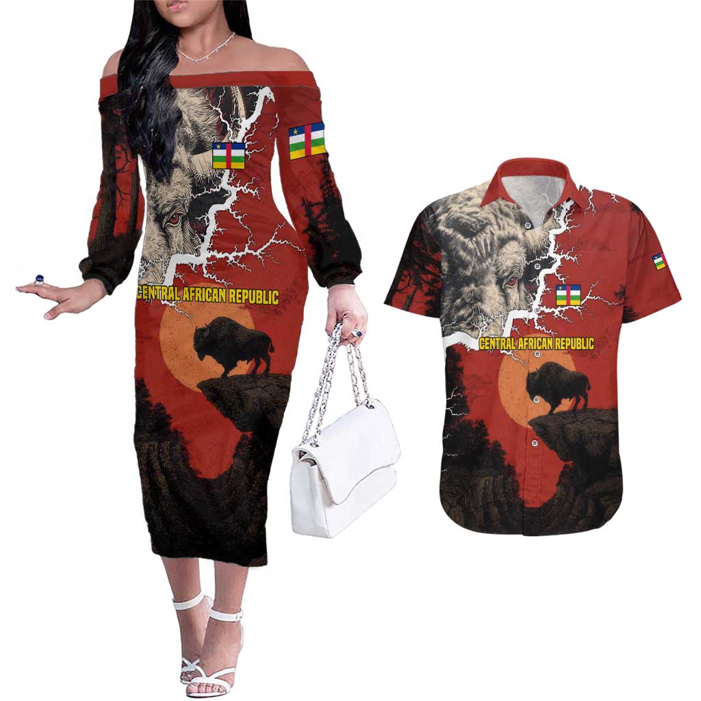 Central African Republic Couples Matching Off The Shoulder Long Sleeve Dress and Hawaiian Shirt with Red Black Nature Design and Buffalo Pattern - Wonder Print Shop