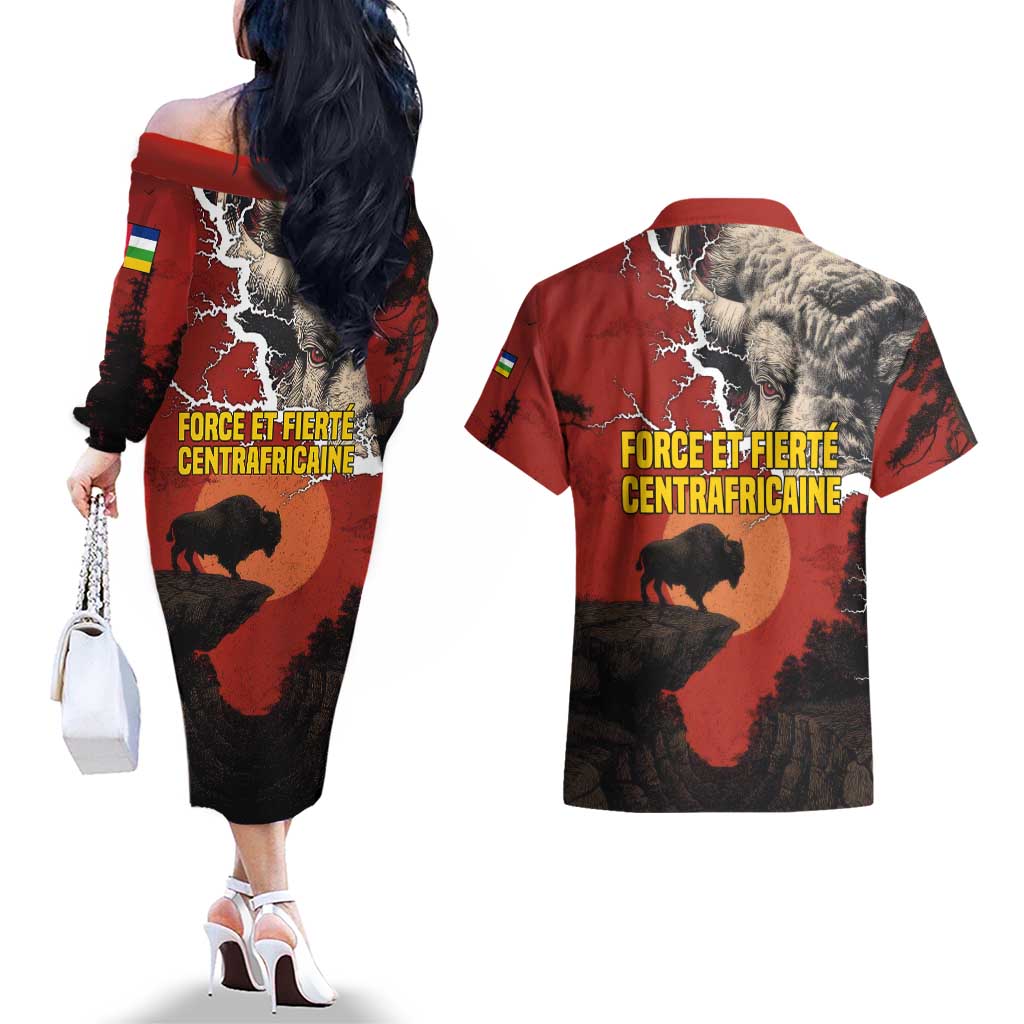 Central African Republic Couples Matching Off The Shoulder Long Sleeve Dress and Hawaiian Shirt with Red Black Nature Design and Buffalo Pattern - Wonder Print Shop