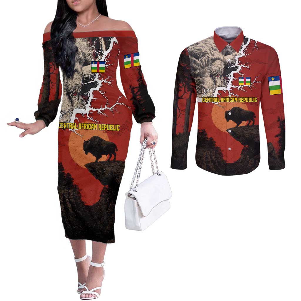 Central African Republic Couples Matching Off The Shoulder Long Sleeve Dress and Long Sleeve Button Shirt with Red Black Nature Design and Buffalo Pattern - Wonder Print Shop