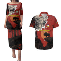 Central African Republic Couples Matching Puletasi and Hawaiian Shirt with Red Black Nature Design and Buffalo Pattern - Wonder Print Shop