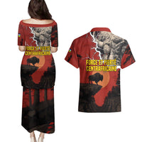Central African Republic Couples Matching Puletasi and Hawaiian Shirt with Red Black Nature Design and Buffalo Pattern - Wonder Print Shop