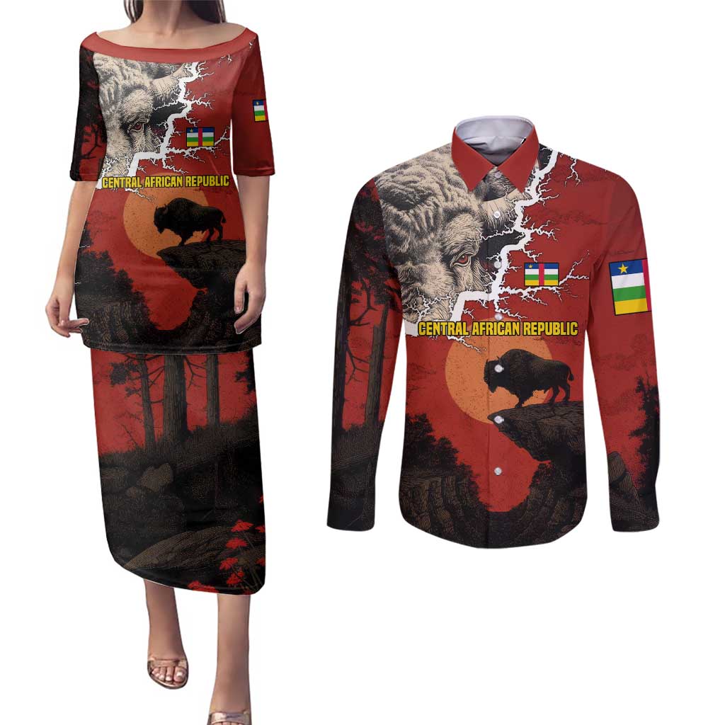 Central African Republic Couples Matching Puletasi and Long Sleeve Button Shirt with Red Black Nature Design and Buffalo Pattern - Wonder Print Shop