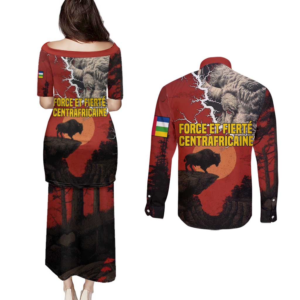Central African Republic Couples Matching Puletasi and Long Sleeve Button Shirt with Red Black Nature Design and Buffalo Pattern - Wonder Print Shop