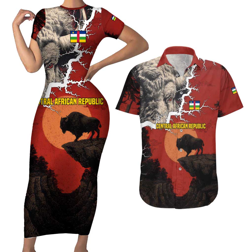 Central African Republic Couples Matching Short Sleeve Bodycon Dress and Hawaiian Shirt with Red Black Nature Design and Buffalo Pattern - Wonder Print Shop
