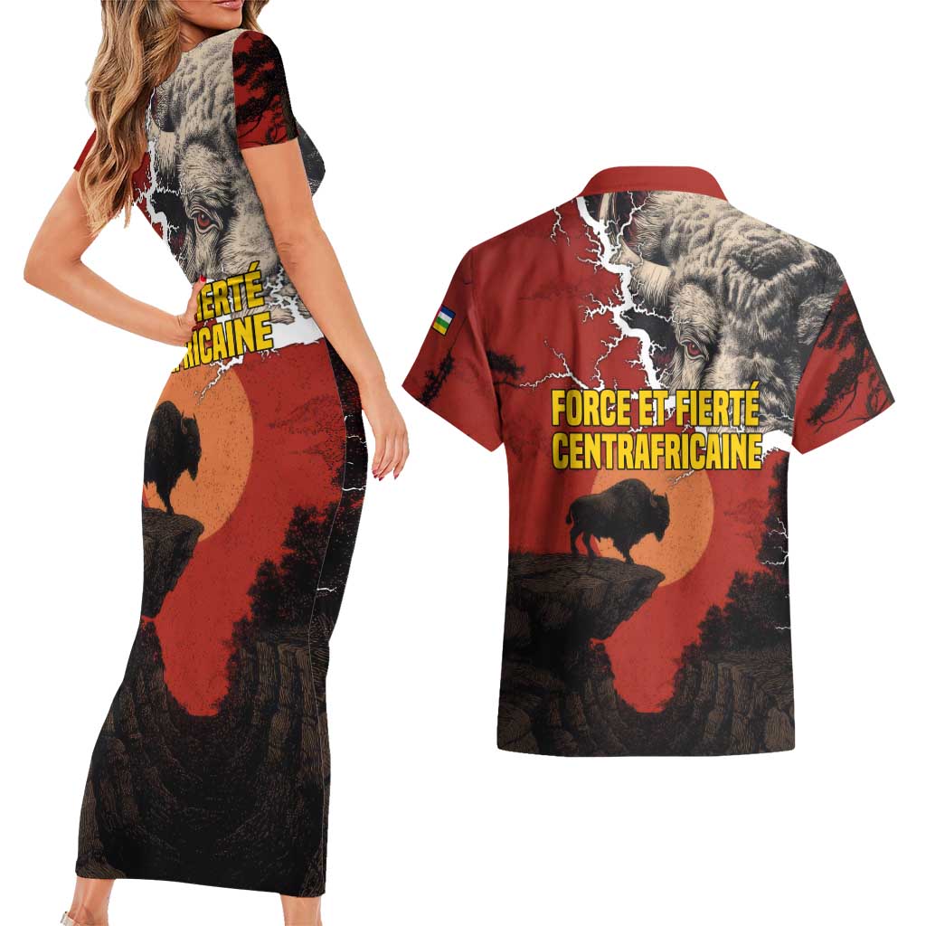 Central African Republic Couples Matching Short Sleeve Bodycon Dress and Hawaiian Shirt with Red Black Nature Design and Buffalo Pattern - Wonder Print Shop