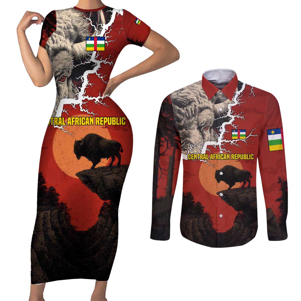 Central African Republic Couples Matching Short Sleeve Bodycon Dress and Long Sleeve Button Shirt with Red Black Nature Design and Buffalo Pattern - Wonder Print Shop