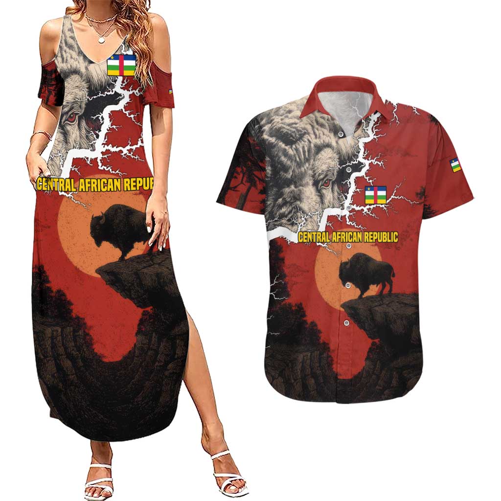 Central African Republic Couples Matching Summer Maxi Dress and Hawaiian Shirt with Red Black Nature Design and Buffalo Pattern - Wonder Print Shop