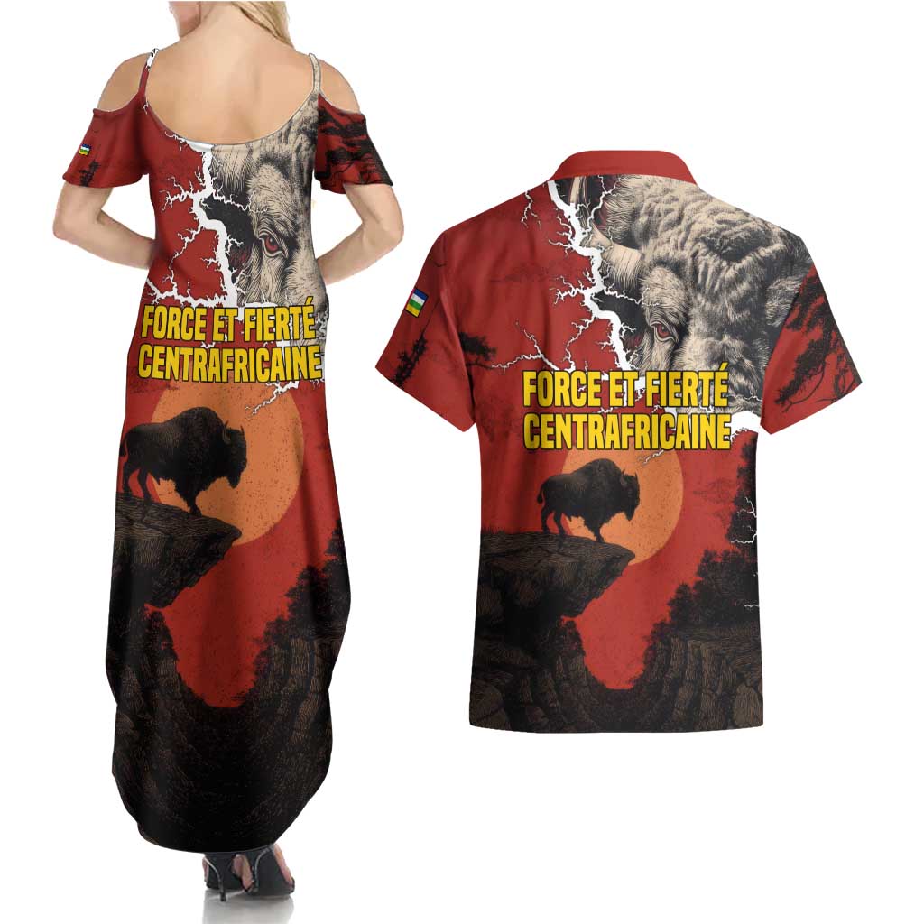 Central African Republic Couples Matching Summer Maxi Dress and Hawaiian Shirt with Red Black Nature Design and Buffalo Pattern - Wonder Print Shop