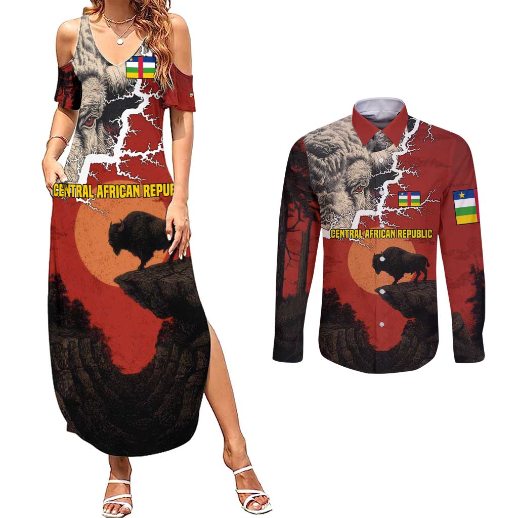 Central African Republic Couples Matching Summer Maxi Dress and Long Sleeve Button Shirt with Red Black Nature Design and Buffalo Pattern - Wonder Print Shop