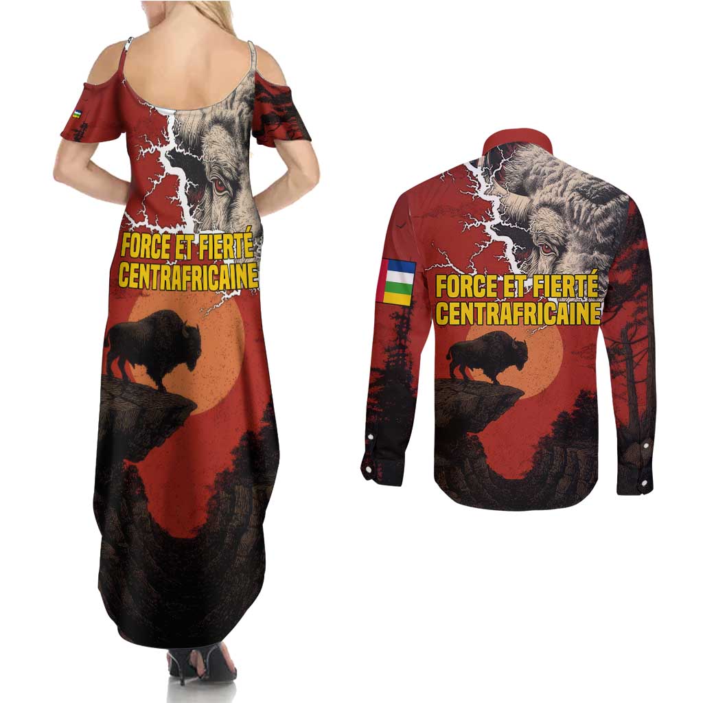 Central African Republic Couples Matching Summer Maxi Dress and Long Sleeve Button Shirt with Red Black Nature Design and Buffalo Pattern - Wonder Print Shop