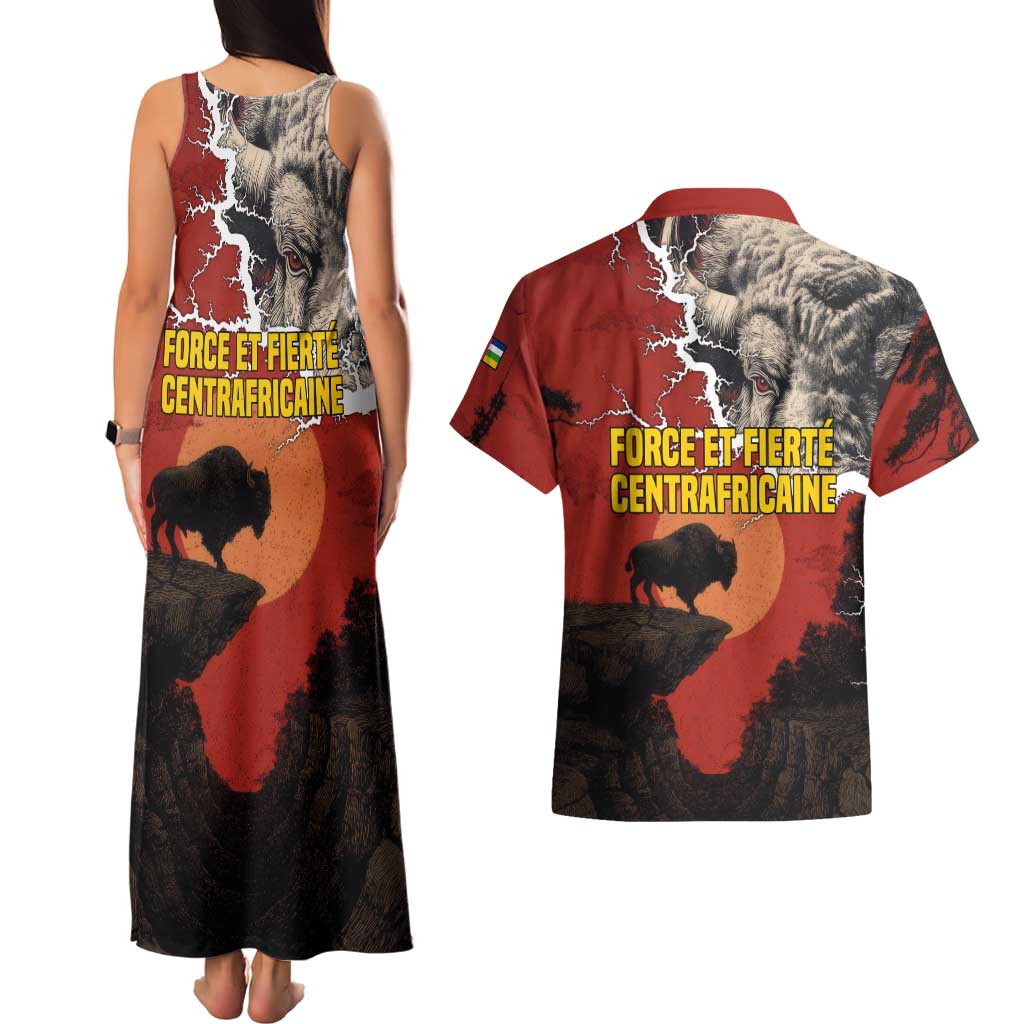 Central African Republic Couples Matching Tank Maxi Dress and Hawaiian Shirt with Red Black Nature Design and Buffalo Pattern - Wonder Print Shop