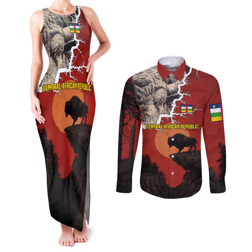 Central African Republic Couples Matching Tank Maxi Dress and Long Sleeve Button Shirt with Red Black Nature Design and Buffalo Pattern - Wonder Print Shop