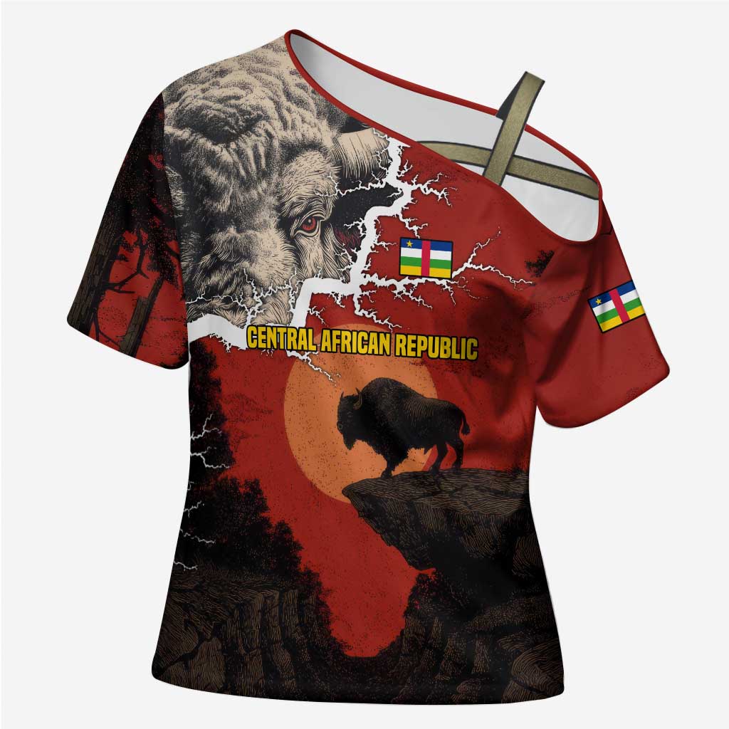 Central African Republic Cross Shoulder Shirt with Red Black Nature Design and Buffalo Pattern - Wonder Print Shop