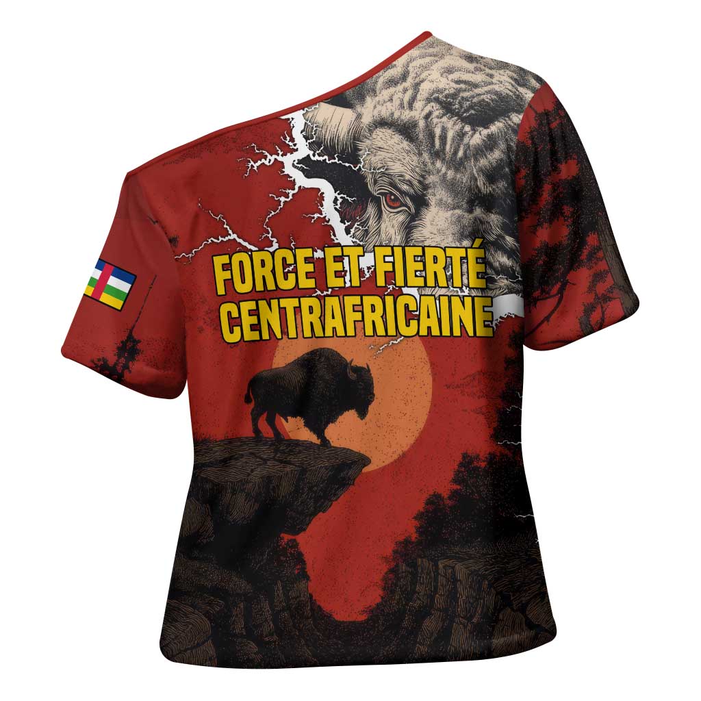 Central African Republic Cross Shoulder Shirt with Red Black Nature Design and Buffalo Pattern - Wonder Print Shop