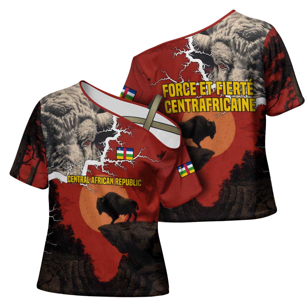 Central African Republic Cross Shoulder Shirt with Red Black Nature Design and Buffalo Pattern - Wonder Print Shop