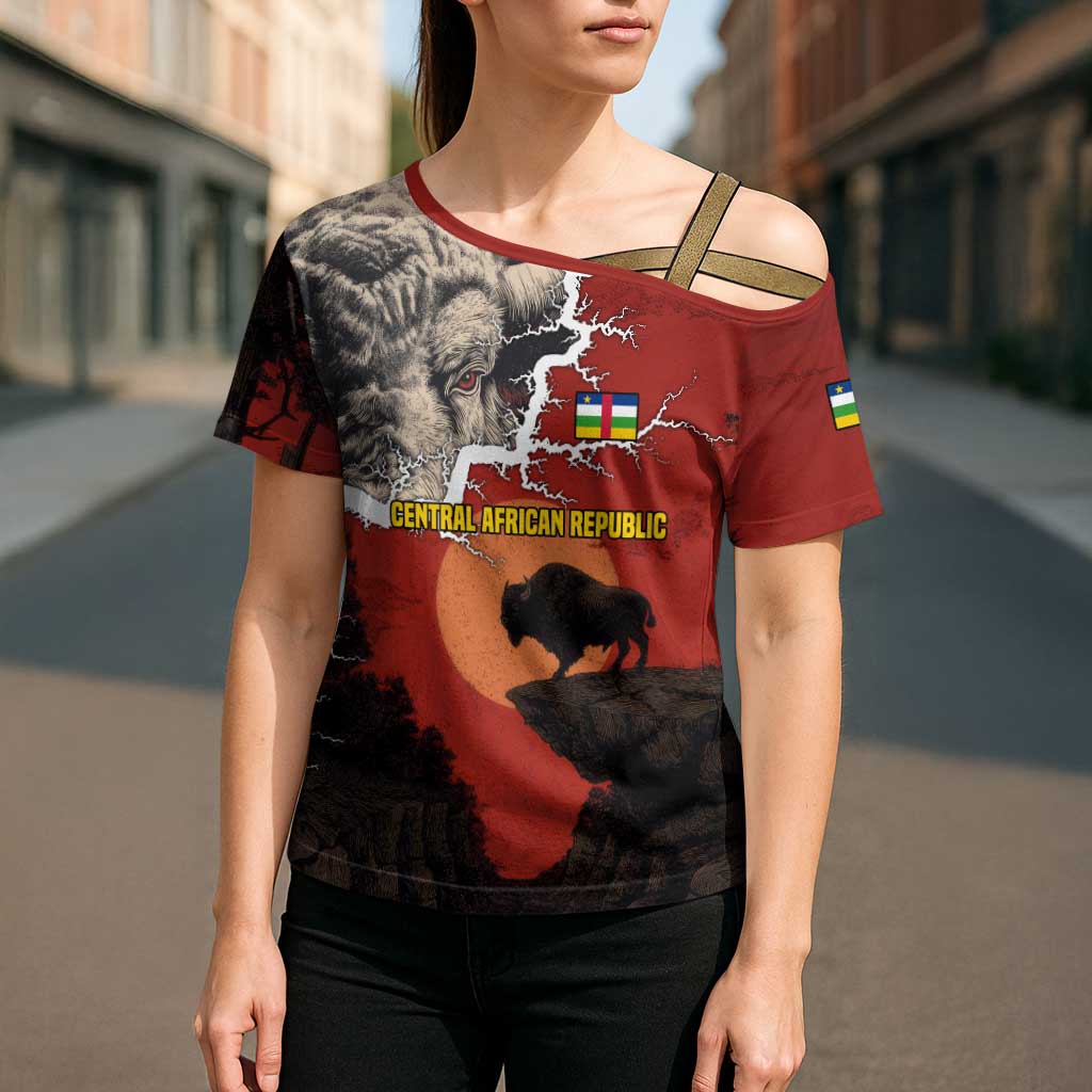 Central African Republic Cross Shoulder Shirt with Red Black Nature Design and Buffalo Pattern - Wonder Print Shop