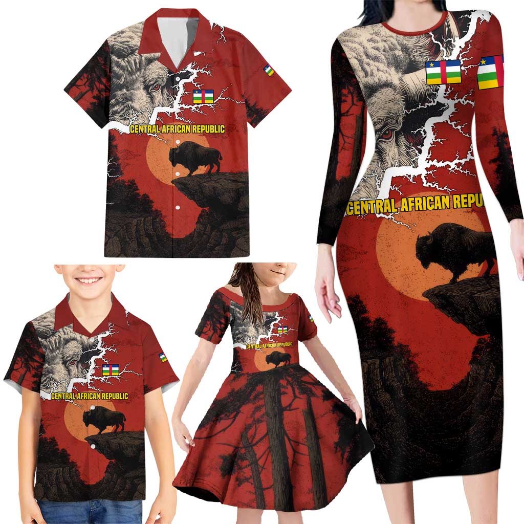 Central African Republic Family Matching Long Sleeve Bodycon Dress and Hawaiian Shirt with Red Black Nature Design and Buffalo Pattern - Wonder Print Shop