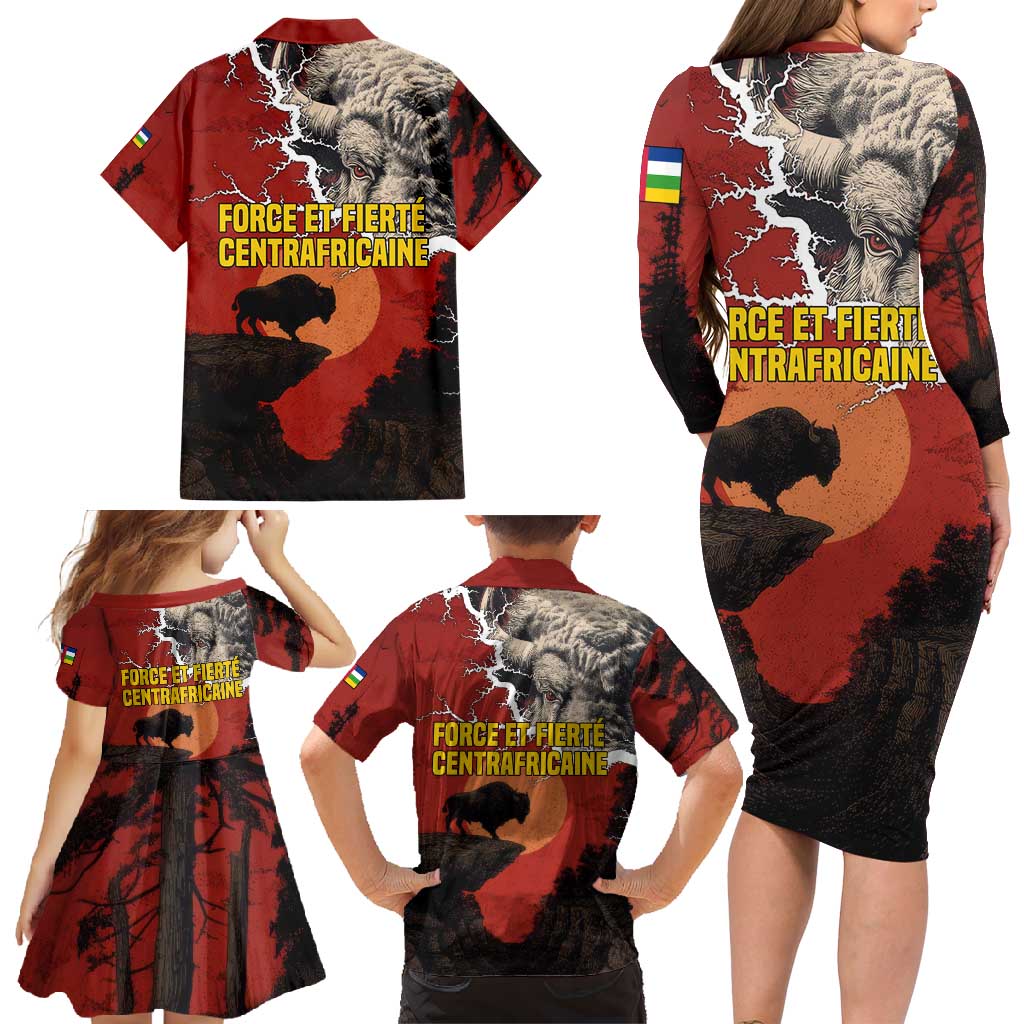 Central African Republic Family Matching Long Sleeve Bodycon Dress and Hawaiian Shirt with Red Black Nature Design and Buffalo Pattern - Wonder Print Shop