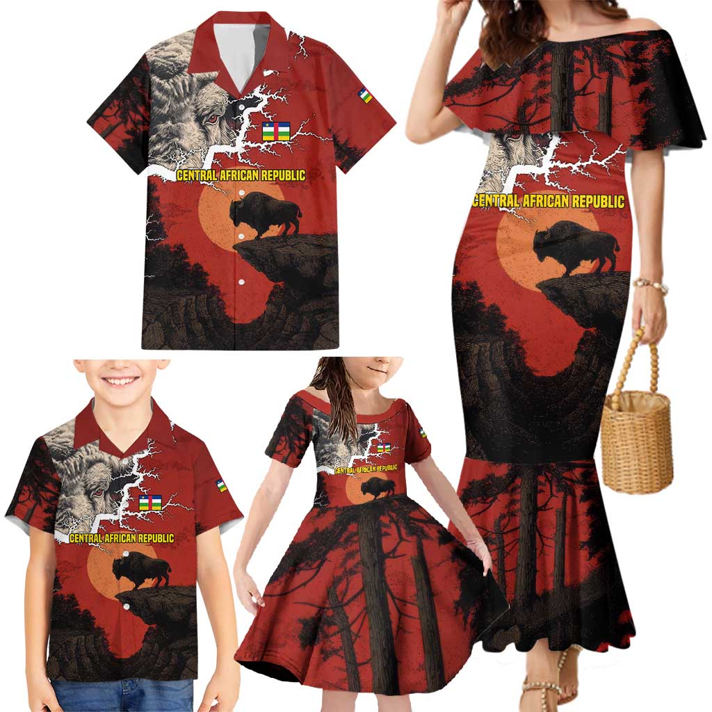 Central African Republic Family Matching Mermaid Dress and Hawaiian Shirt with Red Black Nature Design and Buffalo Pattern - Wonder Print Shop