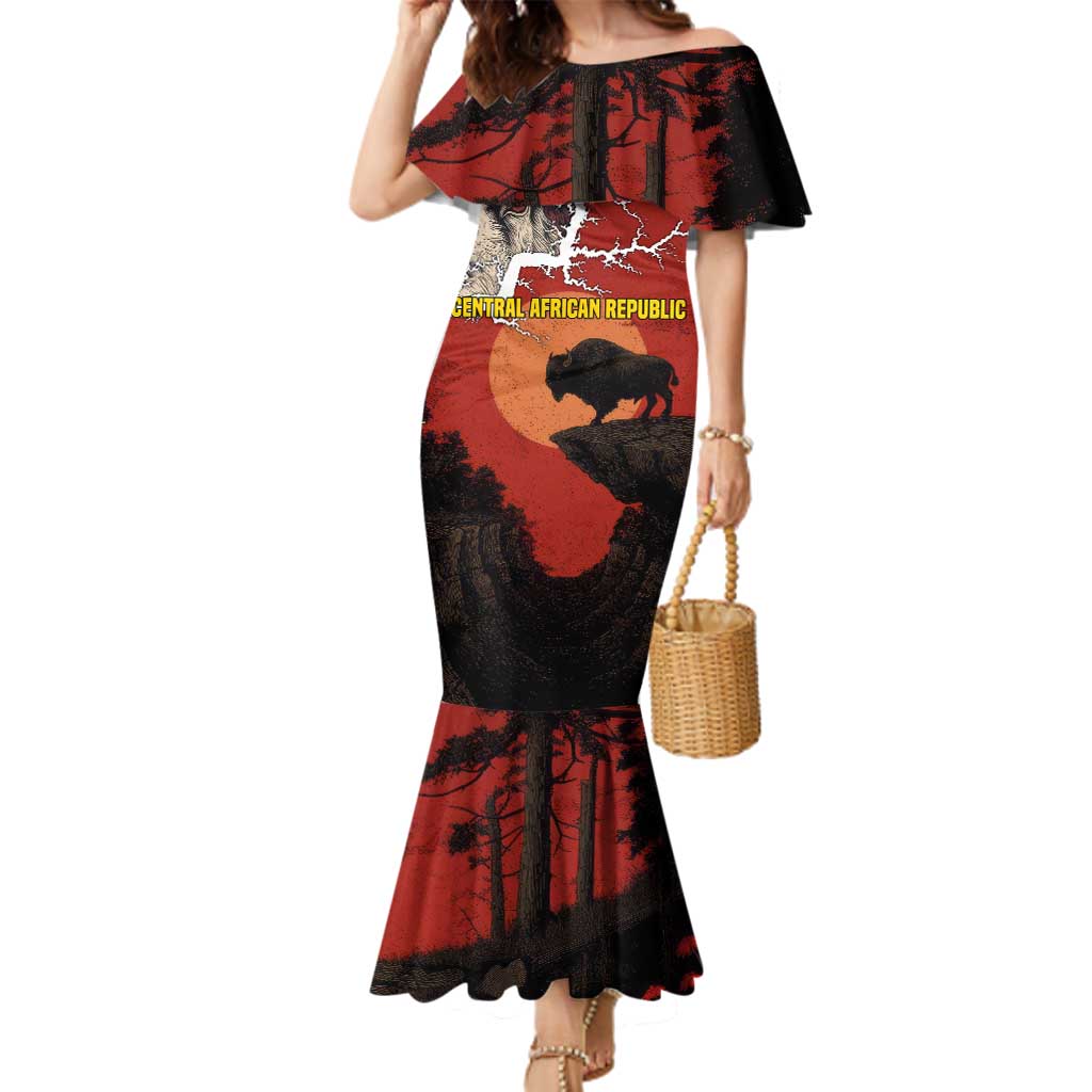 Central African Republic Family Matching Mermaid Dress and Hawaiian Shirt with Red Black Nature Design and Buffalo Pattern - Wonder Print Shop