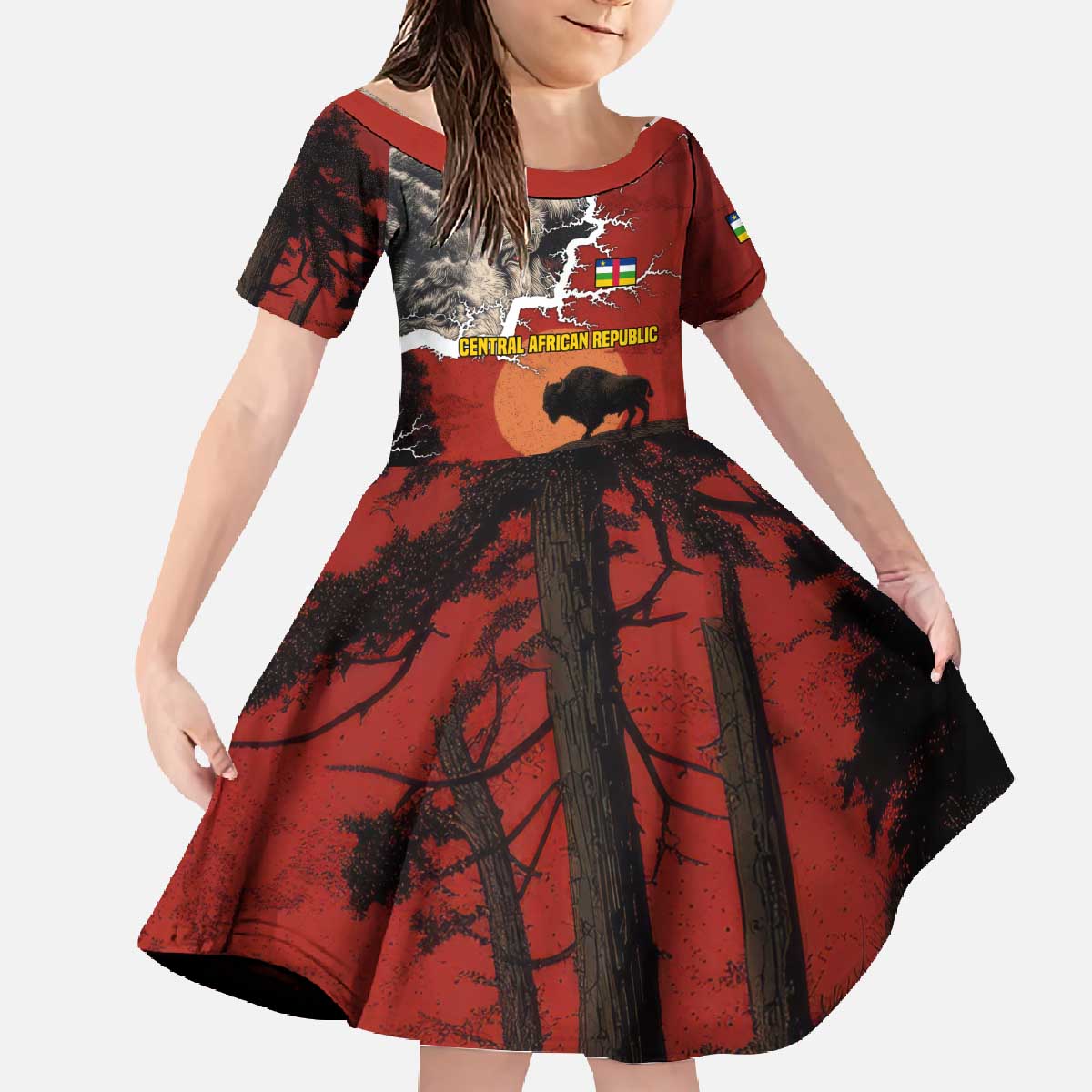 Central African Republic Family Matching Off The Shoulder Long Sleeve Dress and Hawaiian Shirt with Red Black Nature Design and Buffalo Pattern - Wonder Print Shop