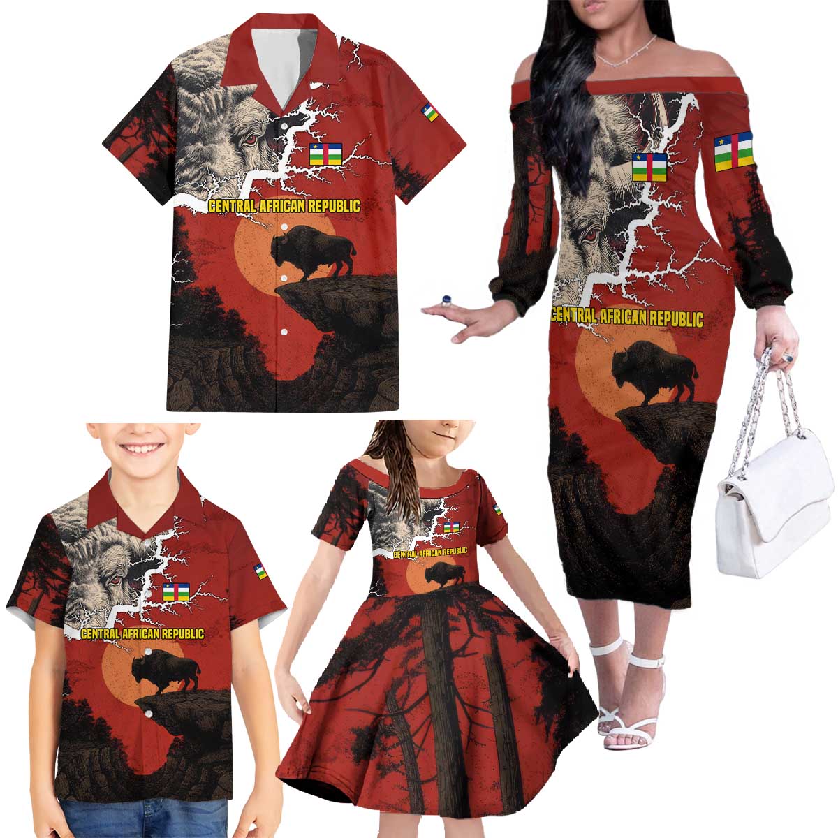 Central African Republic Family Matching Off The Shoulder Long Sleeve Dress and Hawaiian Shirt with Red Black Nature Design and Buffalo Pattern - Wonder Print Shop