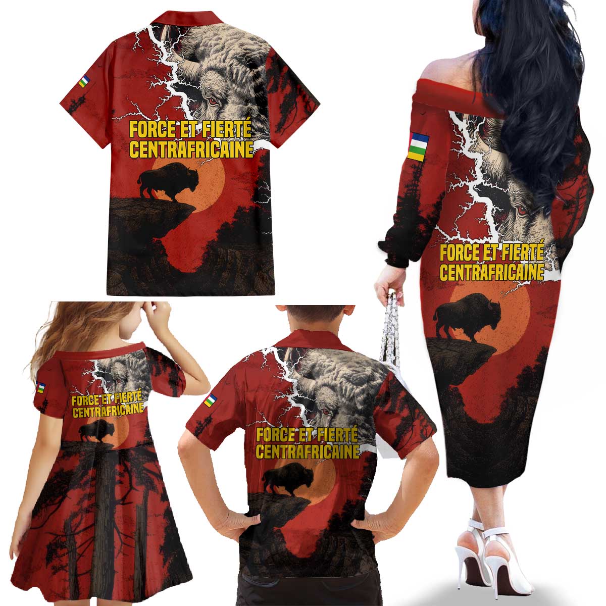 Central African Republic Family Matching Off The Shoulder Long Sleeve Dress and Hawaiian Shirt with Red Black Nature Design and Buffalo Pattern - Wonder Print Shop