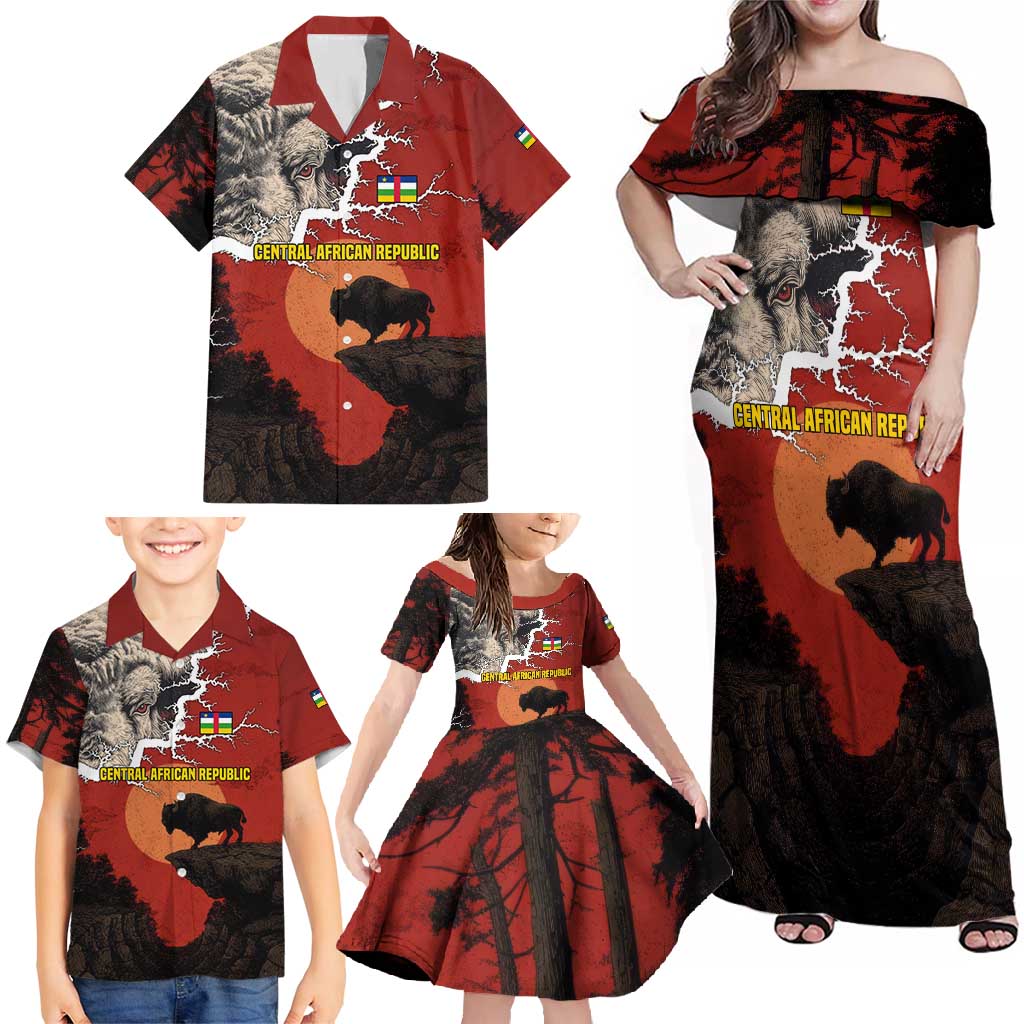 Central African Republic Family Matching Off Shoulder Maxi Dress and Hawaiian Shirt with Red Black Nature Design and Buffalo Pattern - Wonder Print Shop