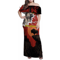 Central African Republic Family Matching Off Shoulder Maxi Dress and Hawaiian Shirt with Red Black Nature Design and Buffalo Pattern - Wonder Print Shop