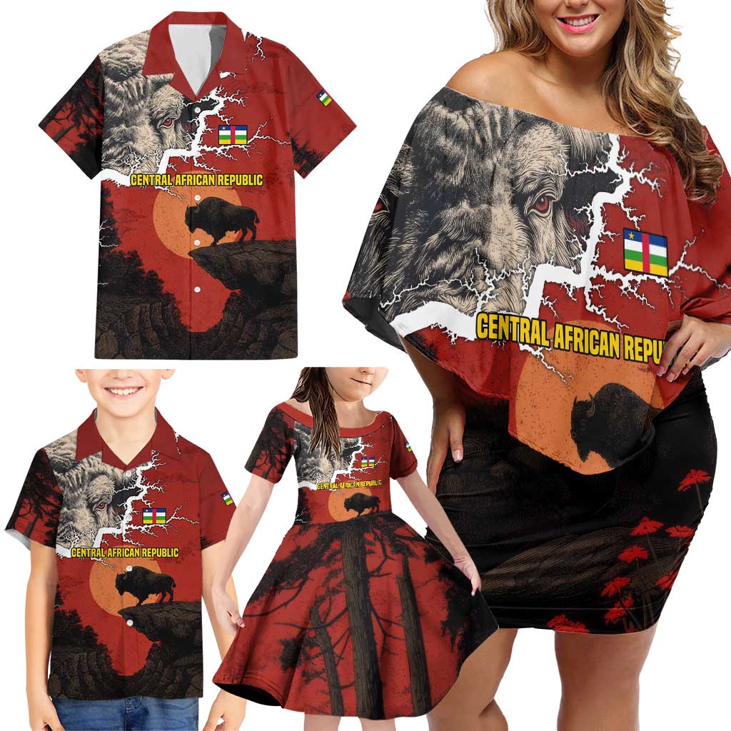 Central African Republic Family Matching Off Shoulder Short Dress and Hawaiian Shirt with Red Black Nature Design and Buffalo Pattern - Wonder Print Shop