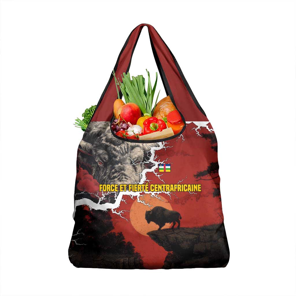Central African Republic Grocery Bag with Red Black Nature Design and Buffalo Pattern - Wonder Print Shop