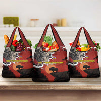 Central African Republic Grocery Bag with Red Black Nature Design and Buffalo Pattern - Wonder Print Shop
