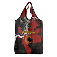 Central African Republic Grocery Bag with Red Black Nature Design and Buffalo Pattern - Wonder Print Shop