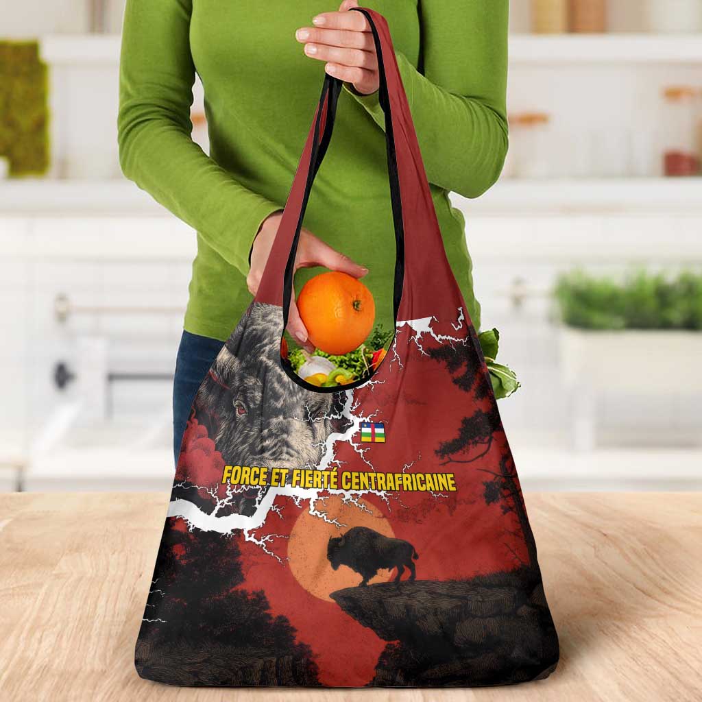 Central African Republic Grocery Bag with Red Black Nature Design and Buffalo Pattern - Wonder Print Shop