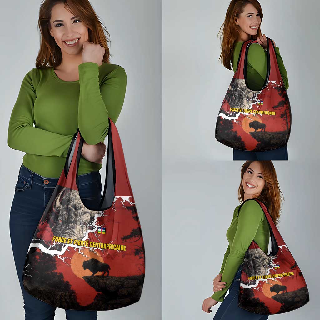 Central African Republic Grocery Bag with Red Black Nature Design and Buffalo Pattern - Wonder Print Shop
