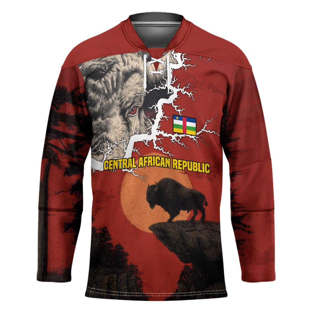 Central African Republic Hockey Jersey with Red Black Nature Design and Buffalo Pattern - Wonder Print Shop