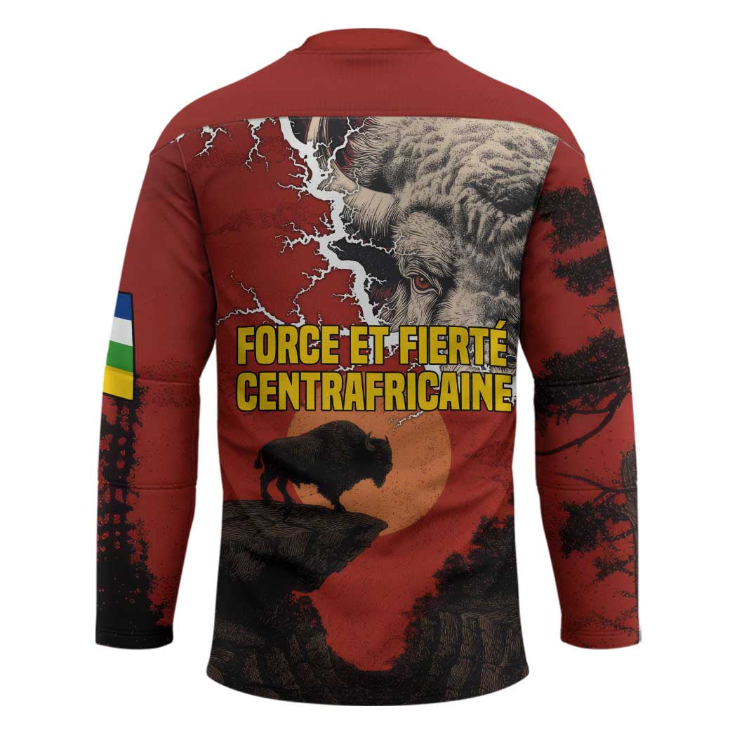 Central African Republic Hockey Jersey with Red Black Nature Design and Buffalo Pattern - Wonder Print Shop