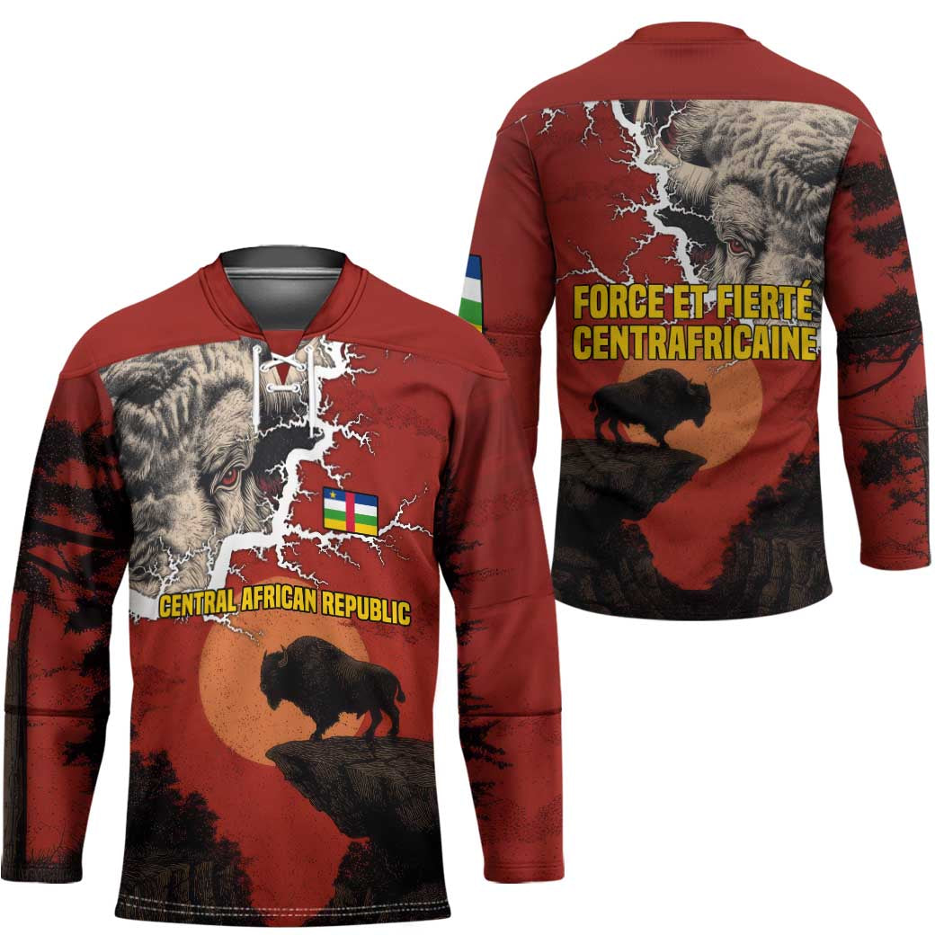 Central African Republic Hockey Jersey with Red Black Nature Design and Buffalo Pattern - Wonder Print Shop