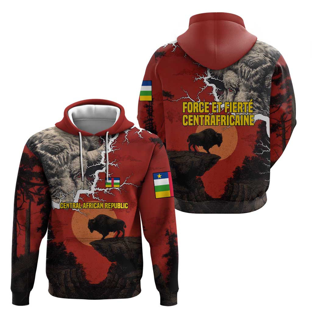 Central African Republic Hoodie with Red Black Nature Design and Buffalo Pattern - Wonder Print Shop