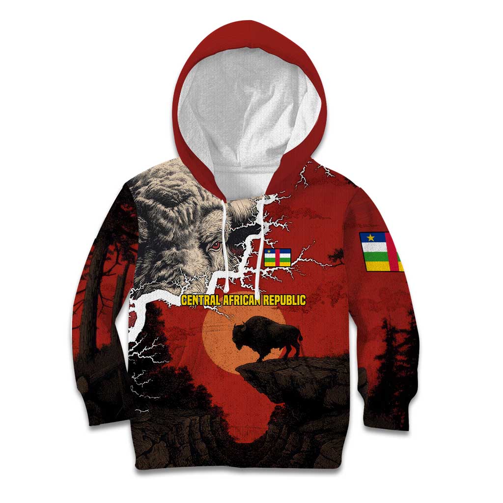 Central African Republic Kid Hoodie with Red Black Nature Design and Buffalo Pattern - Wonder Print Shop