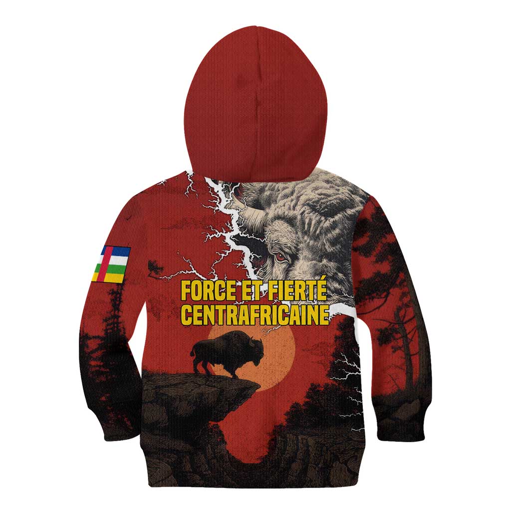 Central African Republic Kid Hoodie with Red Black Nature Design and Buffalo Pattern - Wonder Print Shop