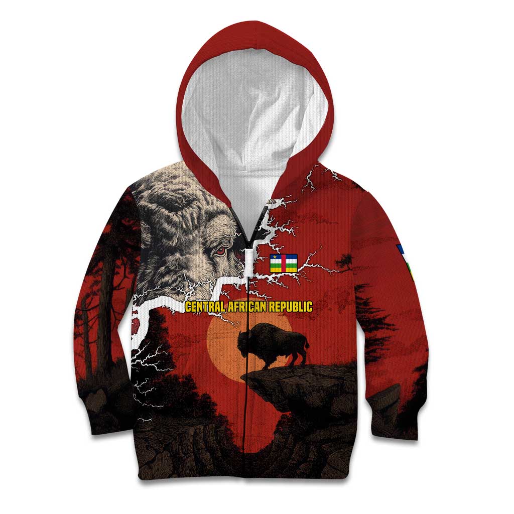 Central African Republic Kid Hoodie with Red Black Nature Design and Buffalo Pattern - Wonder Print Shop